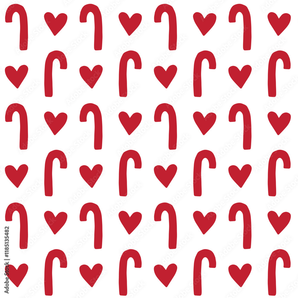 Vector seamless pattern of hand drawn Christmas candies and hearts silhouette isolated on white background Vector seamless pattern of hand drawn Christmas candies and hearts silhouette isolated on white background