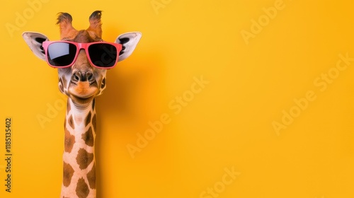 A stylish giraffe with sunglasses, showcasing its unique charm against a vibrant jungle backdrop. photo