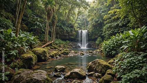 Tranquil waterfall in lush forest setting with mossy rocks and exotic plants under soft light photo