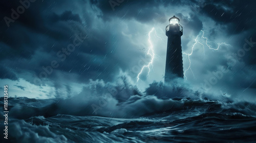 Amidst wild waves, a solitary lighthouse stands tall, a beacon of hope in a stormy sea, guiding lost ships to safety. photo