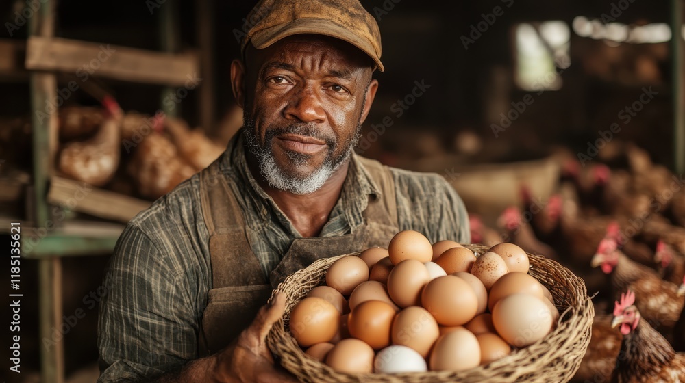 Dedicated poultry farmworker proudly showcases freshly collected eggs Dedicated poultry farmworker proudly showcases freshly collected eggs