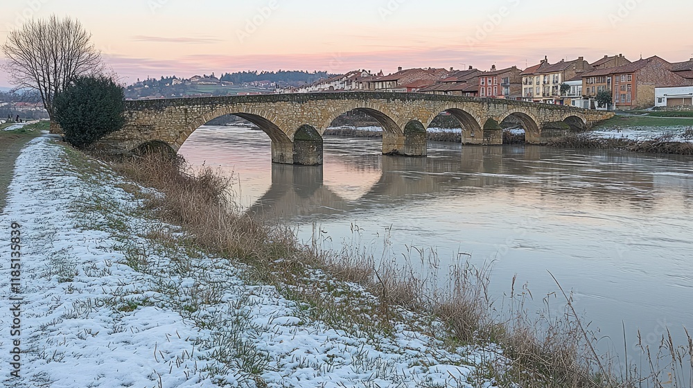 Fototapeta premium Stone Arch Bridge Spanning River in Winter Sunset