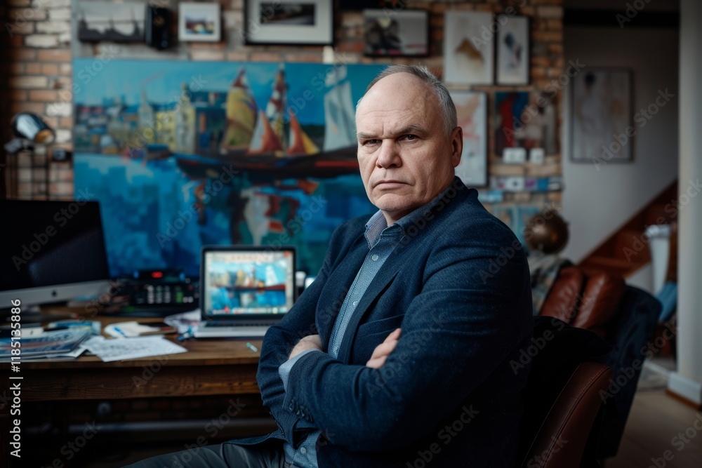 Serious businessman with crossed arms confidently posing in his modern office environment Serious businessman with crossed arms confidently posing in his modern office environment