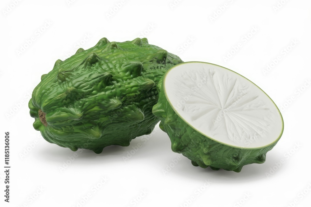 A whole and a sliced Kiwano melon, showcasing its spiky exterior and unique white interior. A whole and a sliced Kiwano melon, showcasing its spiky exterior and unique white interior.