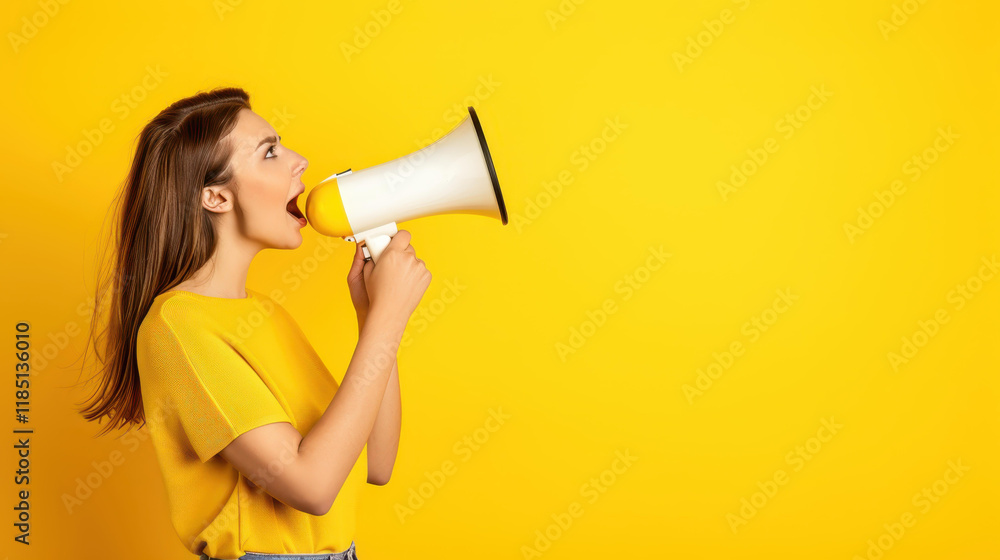 Vibrant portrait of a cheerful woman speaking into a loudspeaker, surrounded by a bright yellow backdrop, exuding positivity. Vibrant portrait of a cheerful woman speaking into a loudspeaker, surrounded by a bright yellow backdrop, exuding positivity.