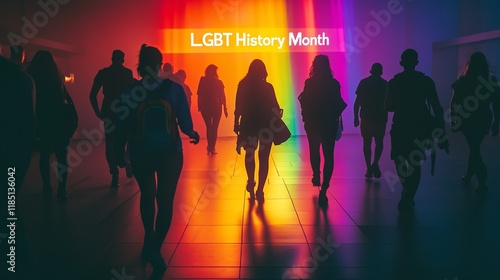 Silhouette of People with Rainbow Shadows and 'LGBT History Month' Glowing Letters photo