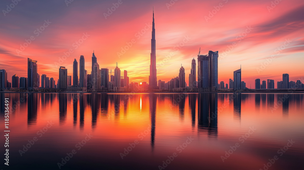 Sunset Silhouettes of Majestic Steel and Glass Skyscrapers Reflecting Vibrant Orange and Pink Hues, Showcasing the Interplay of Human Achievement and Nature’s Beauty Sunset Silhouettes of Majestic Steel and Glass Skyscrapers Reflecting Vibrant Orange and Pink Hues, Showcasing the Interplay of Human Achievement and Nature’s Beauty