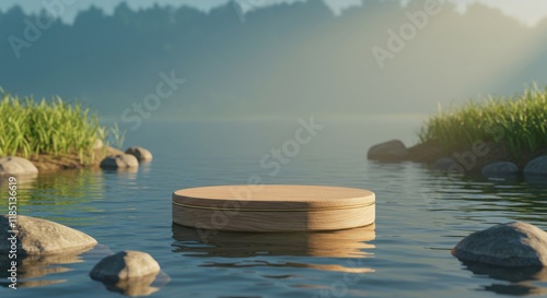  stone podium in water with rippling waves and a misty nature background. Ideal for displaying beauty products such as skincare, makeup, and cosmetics on a pedestal stage
 photo