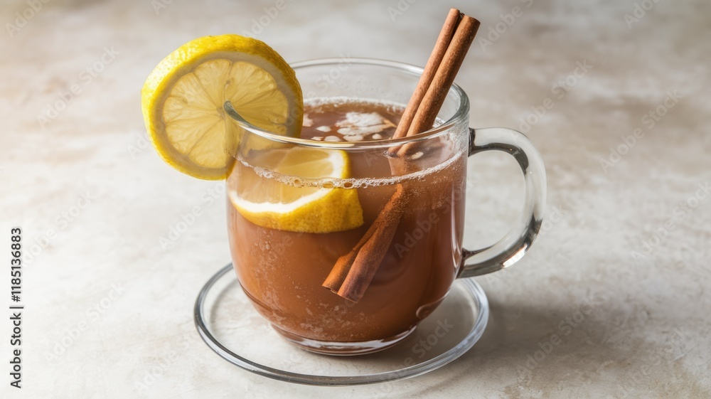 Warm, spiced apple cider with lemon and cinnamon sticks in a glass mug. Warm, spiced apple cider with lemon and cinnamon sticks in a glass mug.