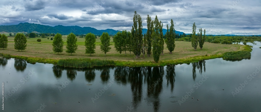 Fototapeta premium Tranquil rural landscape with a calm river. Trees reflect perfectly in the water, while birds peacefully glide along the surface. LAKE ANIWHENUA, MURUPARA, BAY OF PLENTY, NEW ZEALAND