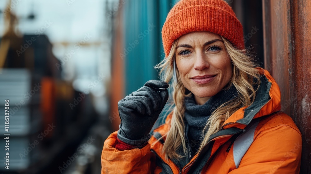 Woman in workwear communicates on a commercial dock during a chilly day Woman in workwear communicates on a commercial dock during a chilly day