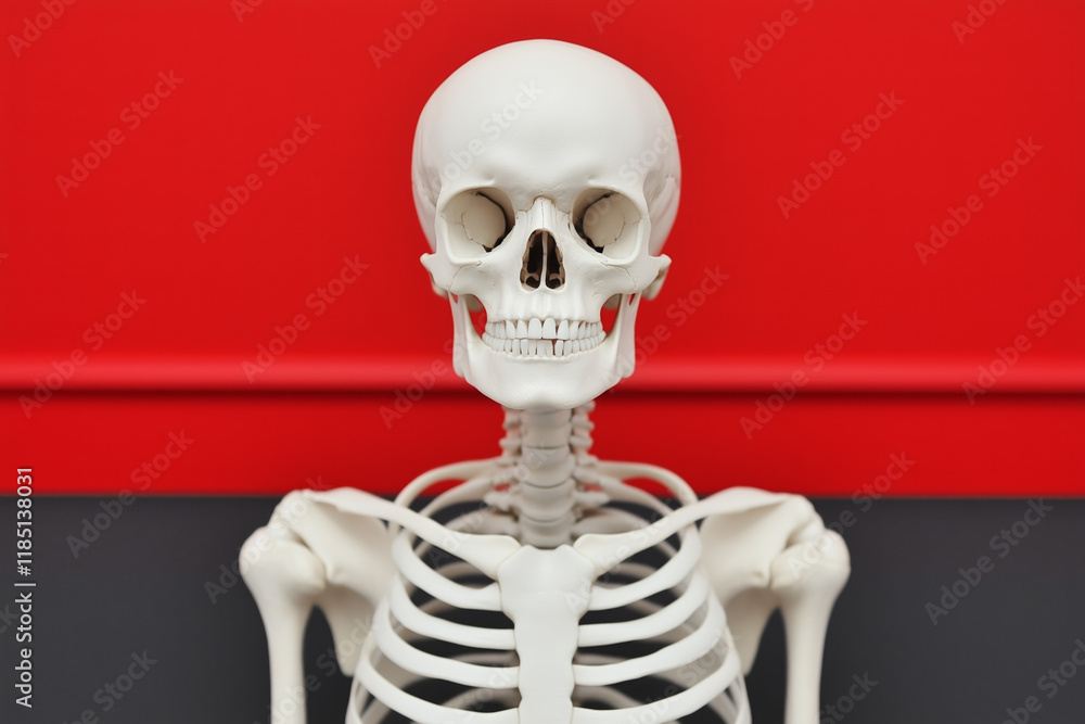 Anatomical human skeleton model displayed against a red and black background for educational Anatomical human skeleton model displayed against a red and black background for educational