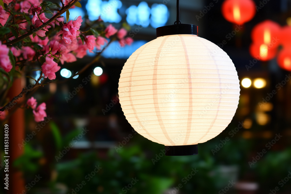 Fototapeta premium A glowing white paper lantern suspended beside vibrant pink blossoms, with a blurred background of warm lights and a night scene