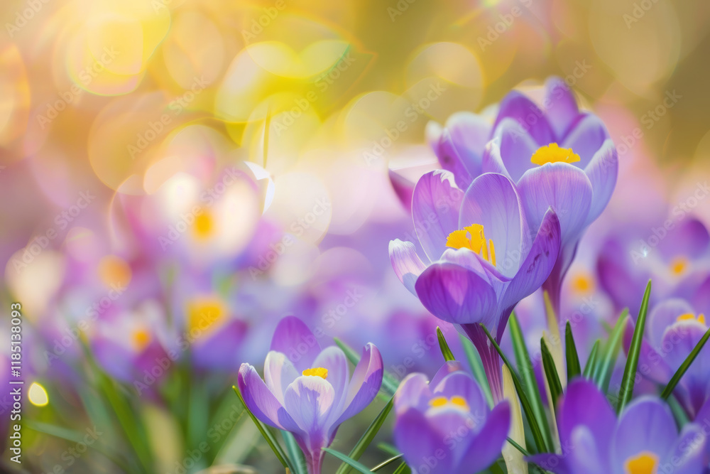 Fototapeta premium Purple crocuses in full bloom. Spring flowers in the garden. Defocused image, bokeh background.