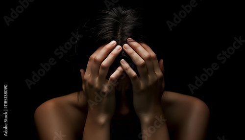 Woman holding his head in his hands sitting on floor over black background. Despair, depression, hopelessness concept photo