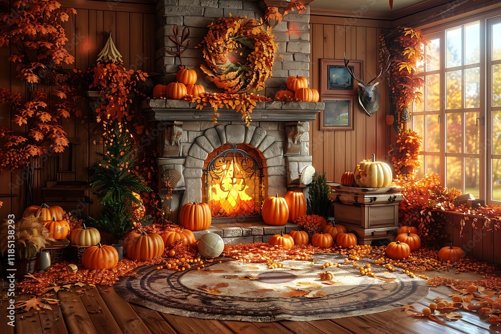 Obraz premium Cozy autumn room with fireplace, pumpkins, and fall leaves.