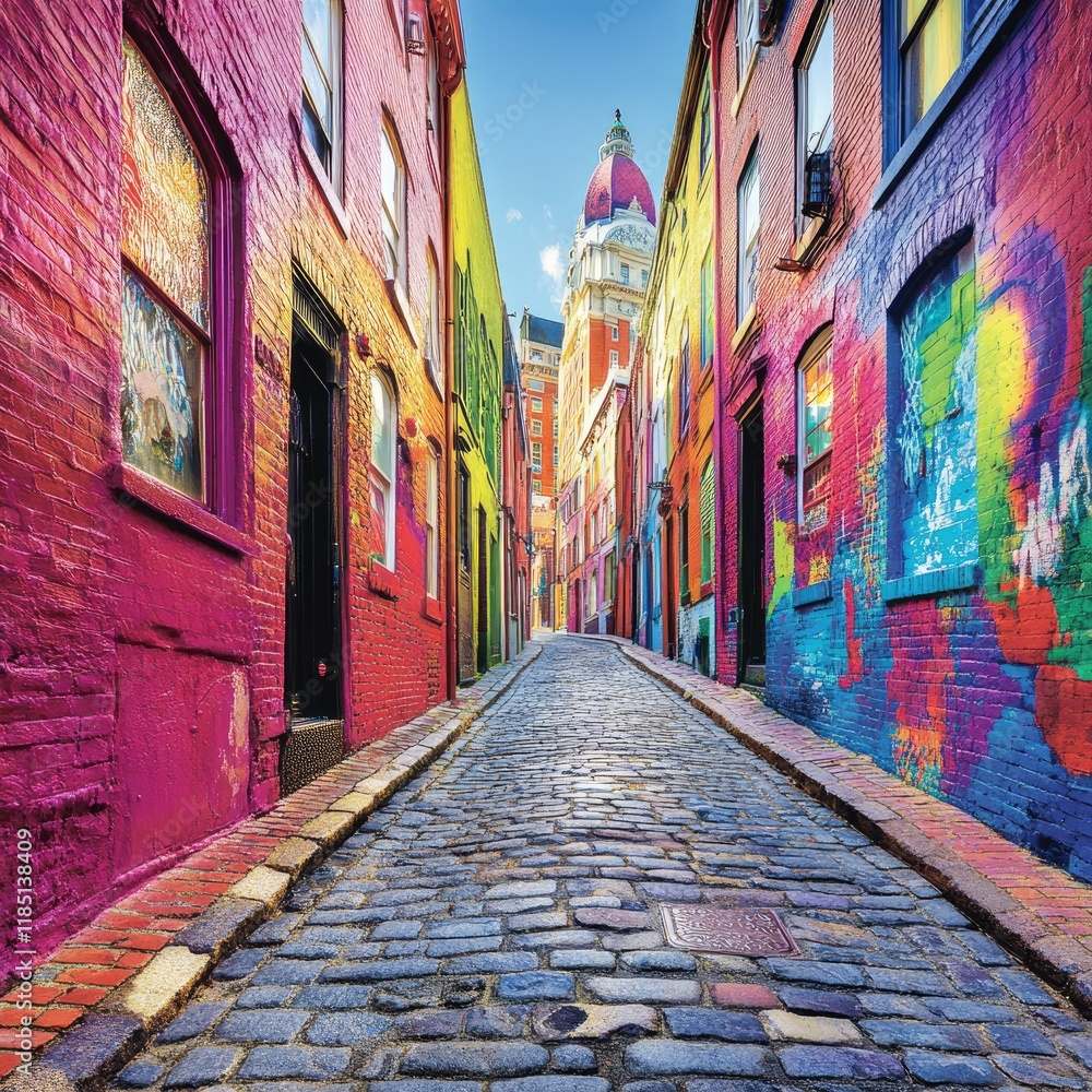 Fototapeta premium Colorful alleyway with vibrant murals and cobblestone street.
