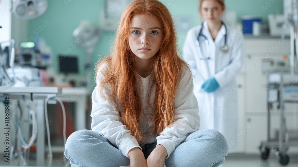 Fototapeta premium Teen girl awaits medical test results in a calm examination room