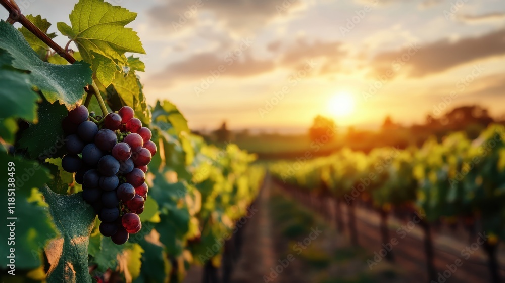 Naklejka premium Sunset reflections over a thriving winery vineyard oasis
