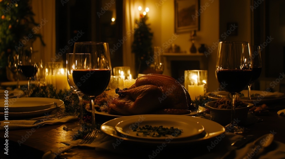 Cozy Evening Feast with Roast Turkey and Red Wine Surrounded by Warm Candlelight and Holiday Decor for an Inviting Celebration Atmosphere Cozy Evening Feast with Roast Turkey and Red Wine Surrounded by Warm Candlelight and Holiday Decor for an Inviting Celebration Atmosphere
