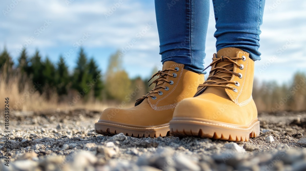 Standing confidently in combat boots against a rugged natural backdrop Standing confidently in combat boots against a rugged natural backdrop