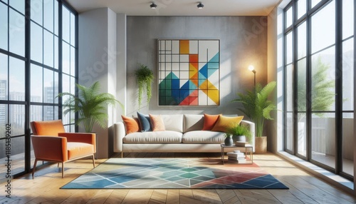 Modern living room, colorful geometric rug, abstract wall art, floor-to-ceiling windows, natural light, minimalist furniture, potted plants, cozy sofa, orange armchair, wooden coffee table, contempora photo