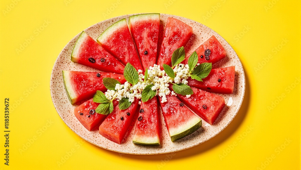 Fresh watermelon wedges with feta cheese and mint leaves on yellow background Fresh watermelon wedges with feta cheese and mint leaves on yellow background