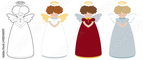 Cute angel. Children's toy. Christmas tree topper. Angel with gold, white and blue wings.	