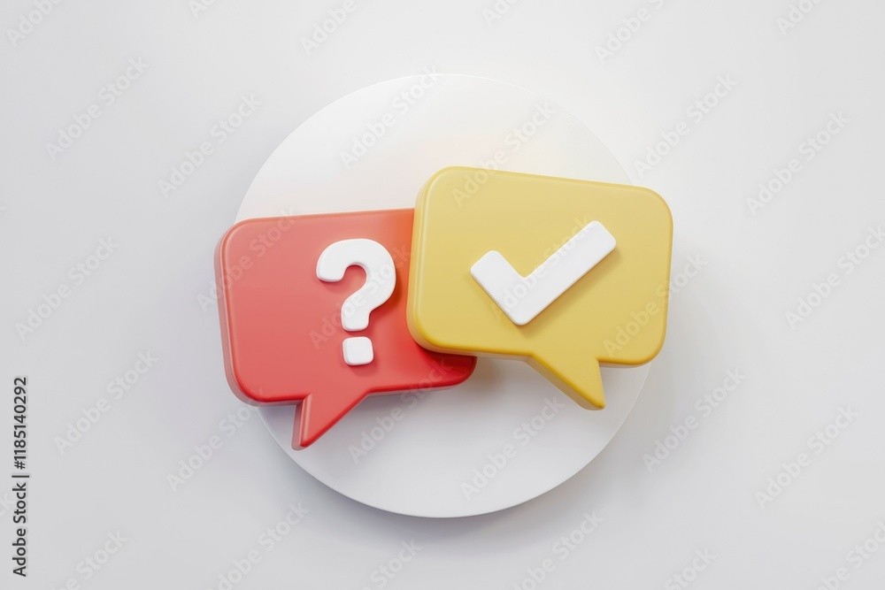 3D render of speech bubbles; one with a question mark, other with a checkmark, representing Q&A or decision-making.