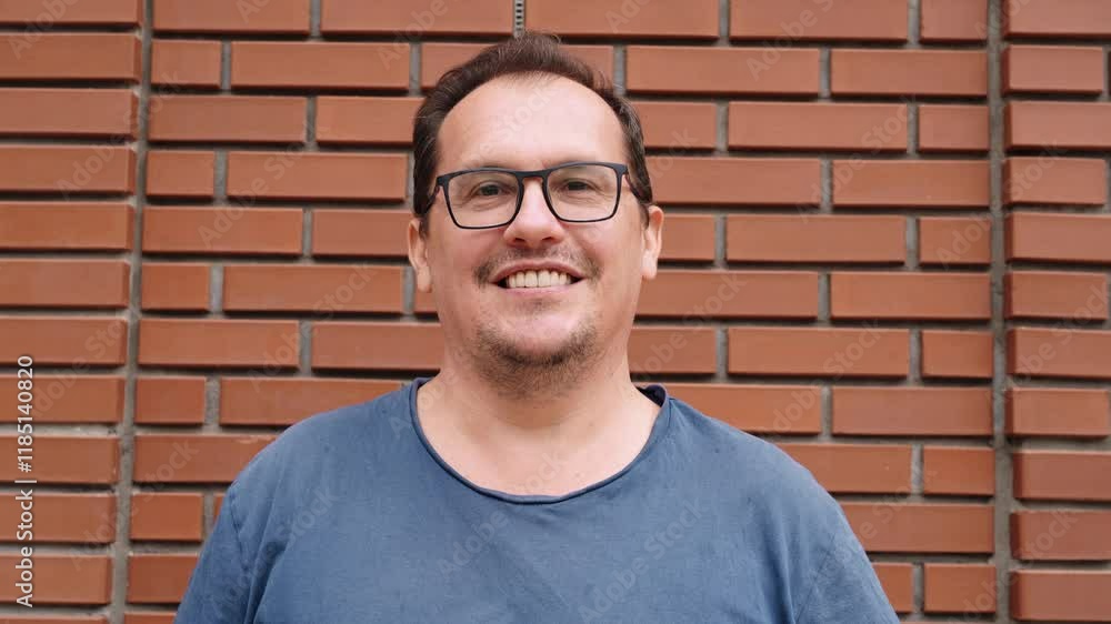Adult caucasian man, unshaven in glasses and blue t-shirt looking at camera and smiling against red brick wall background. Close-up shot of millennial plus size guy. People and emotions concept. Adult caucasian man, unshaven in glasses and blue t-shirt looking at camera and smiling against red brick wall background. Close-up shot of millennial plus size guy. People and emotions concept.