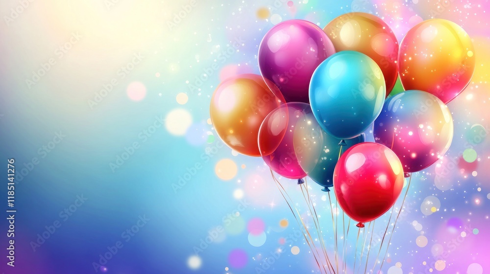 A bunch of colorful balloons with confetti on a blue background. A bunch of colorful balloons with confetti on a blue background.