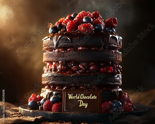 Towering Chocolate Cake with Berries, Ganache, and 'World Chocolate Day' Plaque photo