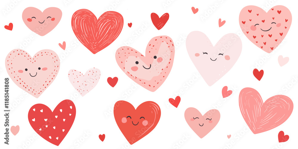Smiling face hearts. Pink and red colored cute heart set. Hand drawn vector illustration. Smiling face hearts. Pink and red colored cute heart set. Hand drawn vector illustration.