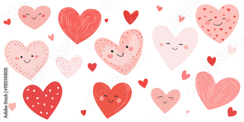Smiling face hearts. Pink and red colored cute heart set. Hand drawn vector illustration.