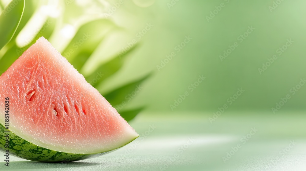 Juicy watermelon slice resting on vibrant green surface under warm light Juicy watermelon slice resting on vibrant green surface under warm light