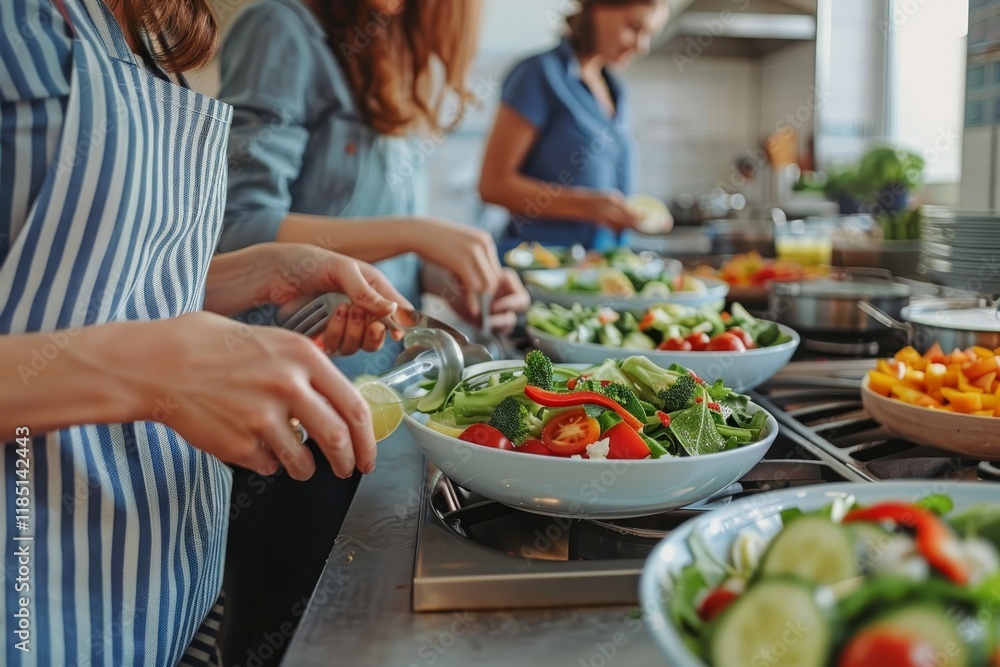 Close up of home cooks preparing fresh vegetable salads in a kitchen environment Close up of home cooks preparing fresh vegetable salads in a kitchen environment