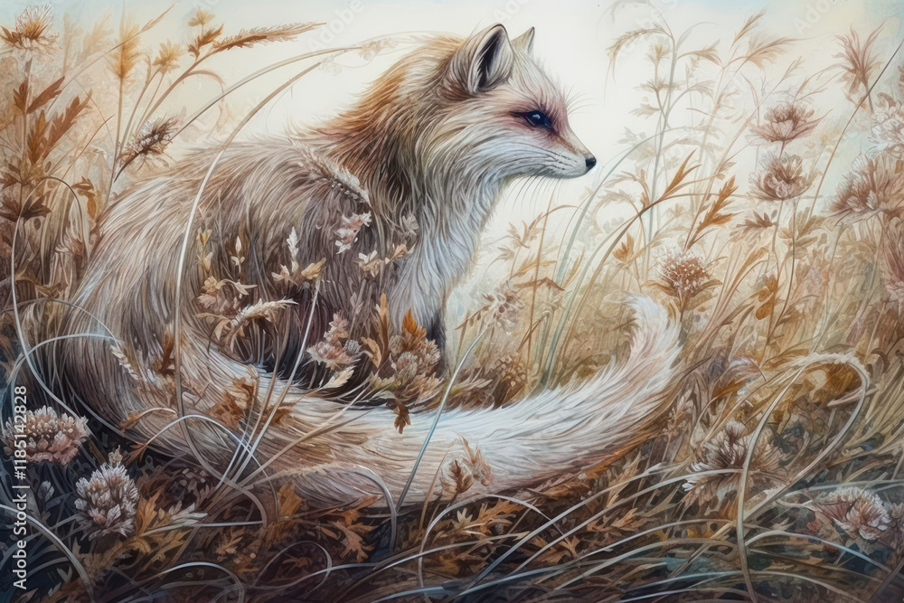 Fototapeta premium a fox sitting in dense grass thickets. The fox looks graceful and calm, its fur shimmers softly against the background of autumn nature. 