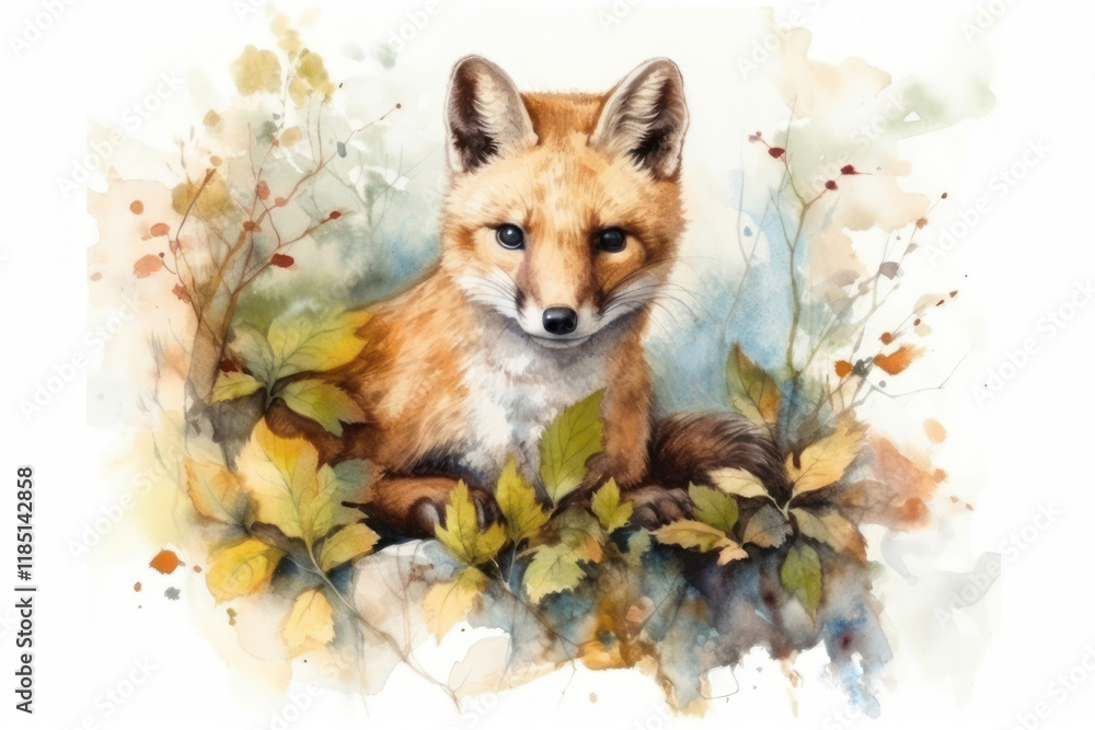 Obraz premium cute red fox sitting among autumn foliage.