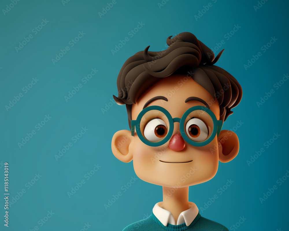 Fototapeta premium Whimsical 3D Illustration of a Cartoon Boy with Glasses on Blue Background