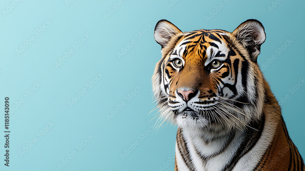 Fototapeta premium majestic tiger isolated on a soft pastel blue background with copy space, perfect for adding text or designs in a creative advertisement 