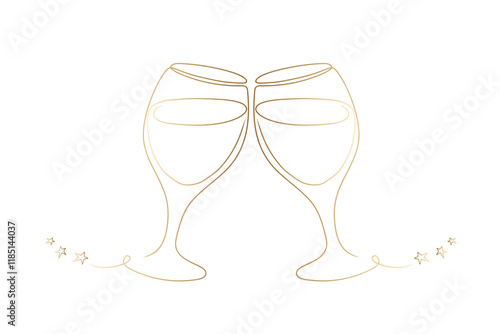 Gold silhouette two glasses drawn by one line. Elegance design for romantic party, wedding invitation. Vintage vector illustration.
