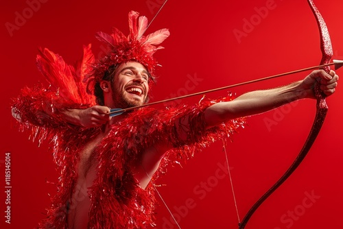 A full view of the man, who is nice, attractive, lovely, funny, funky, playful, and cheerful, sending an amorous arrow and posing, is isolated against a bright, vivid, shiny, and vibrant blue color photo