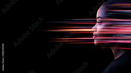 Side profile of a woman with vibrant neon speed lines extending from her face. Digital transformation concept
