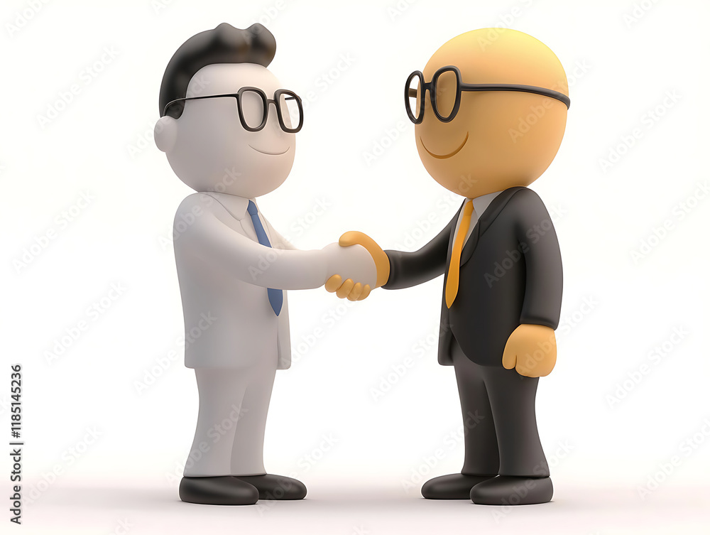 Two 3D cartoon models shaking hands, representing business cooperation concept with detailed and high-definition characters in a professional setting. Two 3D cartoon models shaking hands, representing business cooperation concept with detailed and high-definition characters in a professional setting.