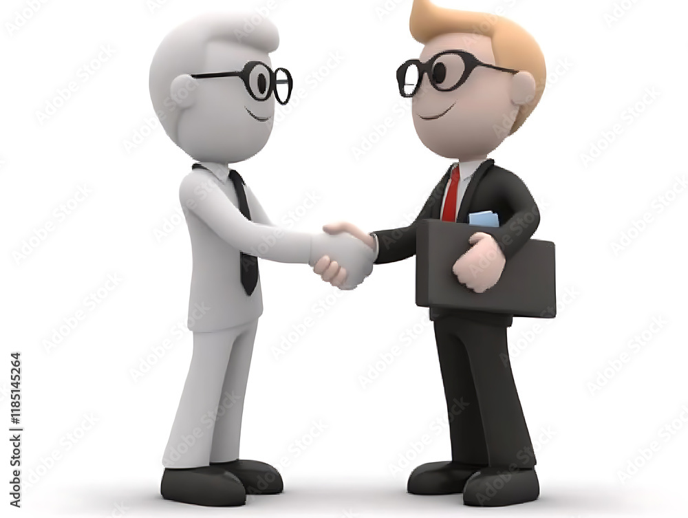 Two 3D cartoon models shaking hands, representing business cooperation concept with detailed and high-definition characters in a professional setting. Two 3D cartoon models shaking hands, representing business cooperation concept with detailed and high-definition characters in a professional setting.