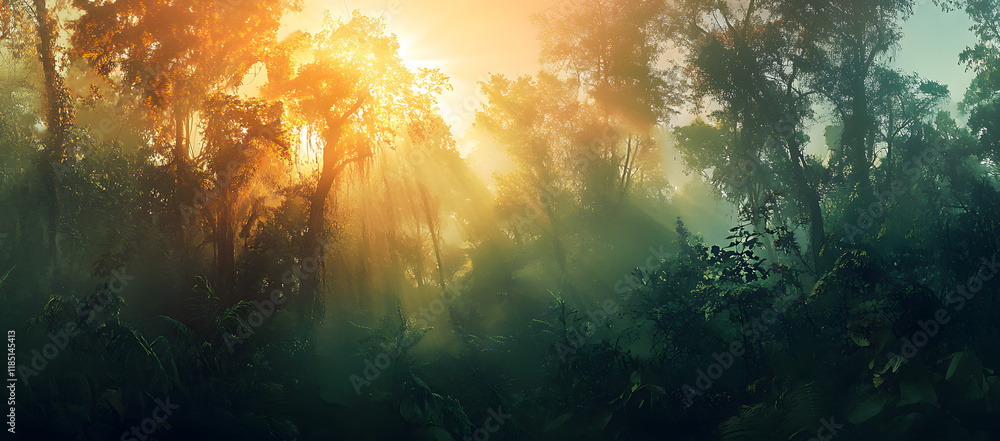 Beautiful forest panorama with sun rays shining through the trees Beautiful forest panorama with sun rays shining through the trees