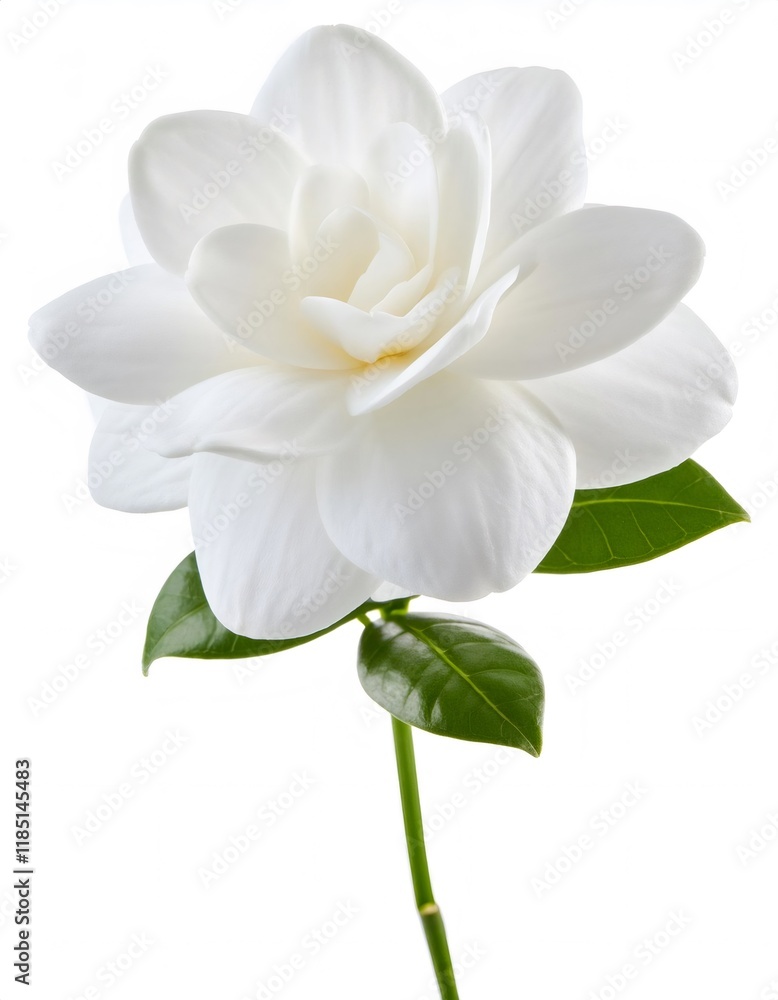 Obraz premium Pristine gardenia flower displaying soft ivory petals and lush emerald foliage, resting against immaculate white backdrop
