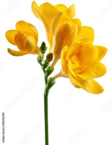 Vibrant yellow freesia stem with multiple blossoms, creating a cheerful and elegant floral display against a clean white backdrop