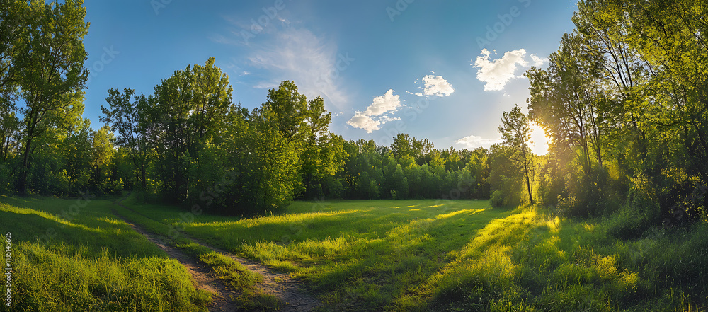 Beautiful forest panorama with sun rays shining through the trees Beautiful forest panorama with sun rays shining through the trees