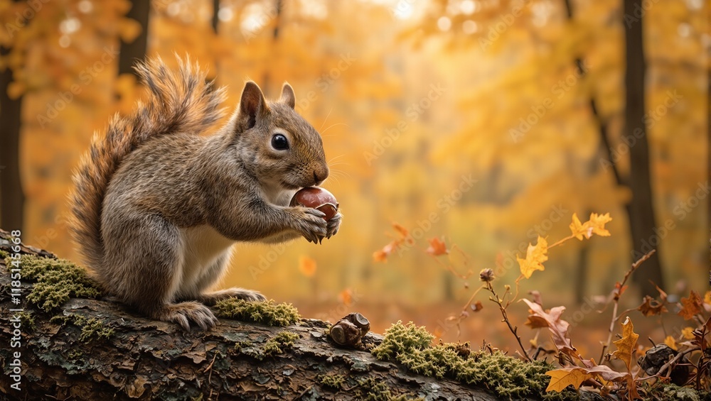 Obraz premium Curious squirrel holding shiny acorn on mossy branch in autumn forest
